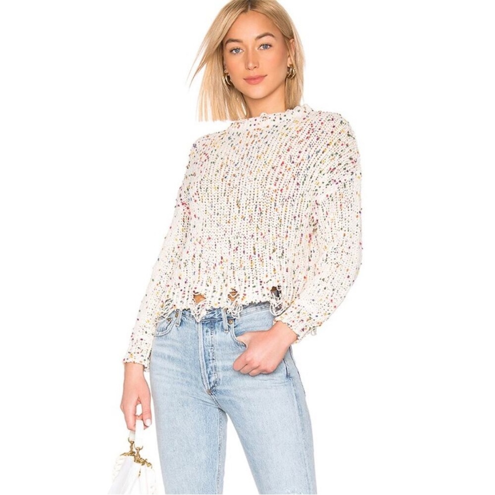 Tularosa Rainbow Confetti Chenille Knit Pom Pom Distressed Cropped Sweater Small